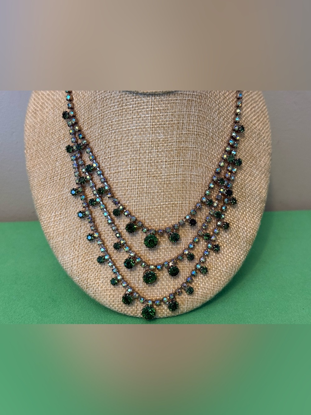 Vintage Rhinestone Green  Multi-Strand Crystal Necklace